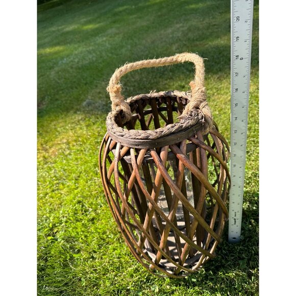 Rustic Boho MCM Bamboo Rattan Whicker & Glass Lantern With Rope Handle 16" Tall - Picture 11 of 15